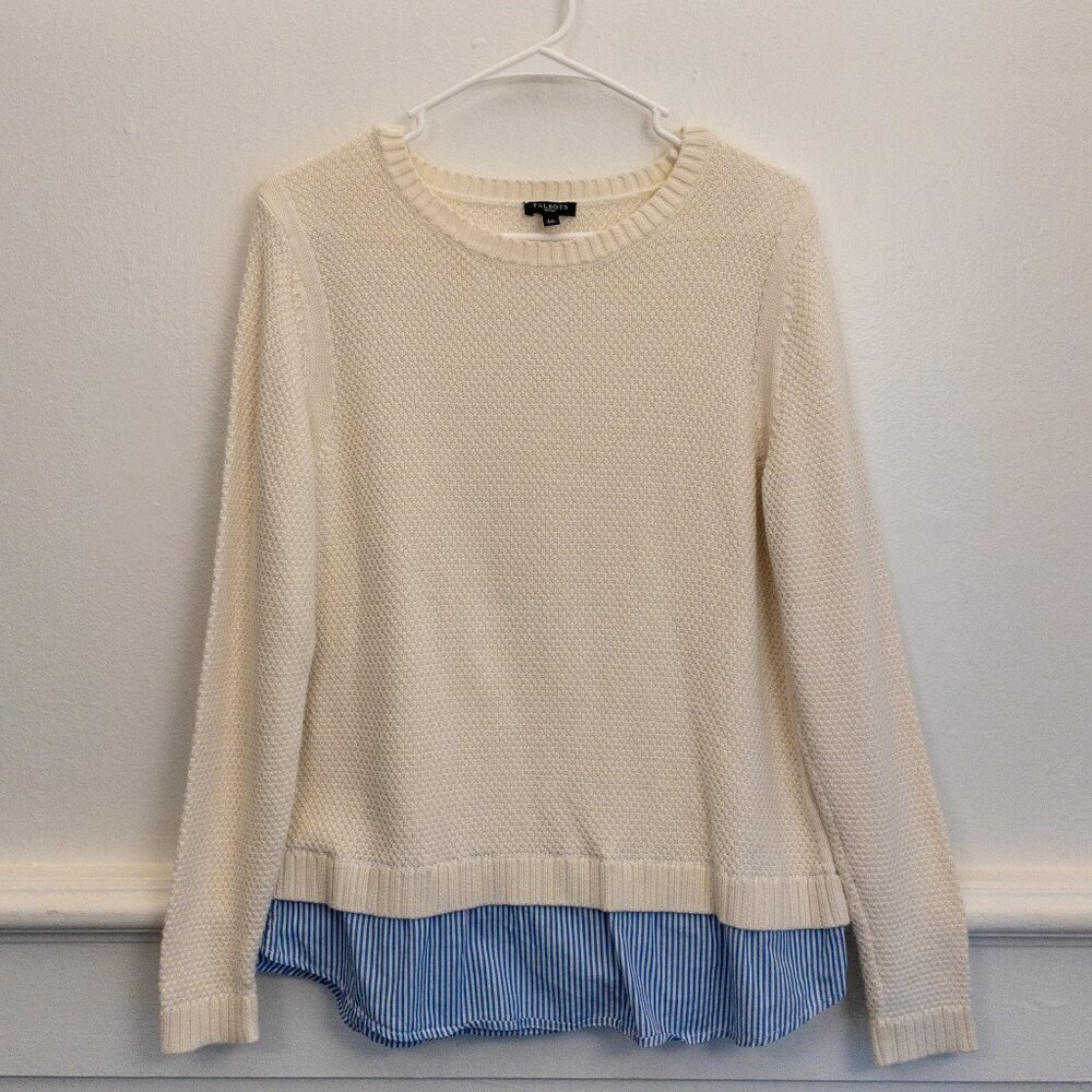 Talbots Petites Layered Knit Sweater Shirt – Cream Blue Striped Hem Size LP